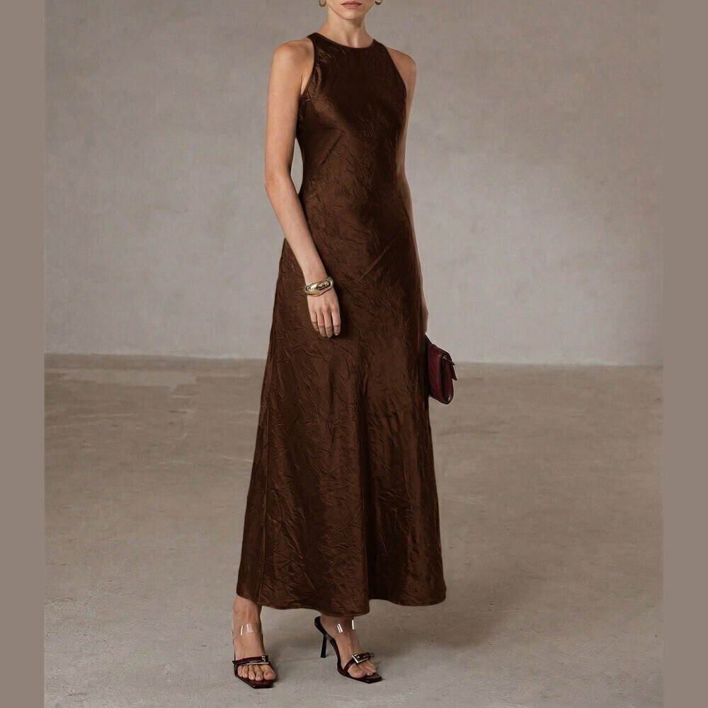 Chocolate Brown Satin Racerback Maxi Dress - Picture 7 of 7